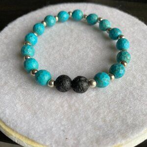 Fun handmade stretch turquoise beaded bracelet silver separaters lava beads